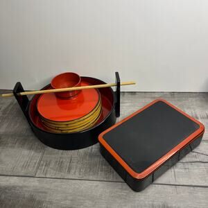 Vintage Asian Red Black Laquer Sushi Bamboo Plate Bento Box Set